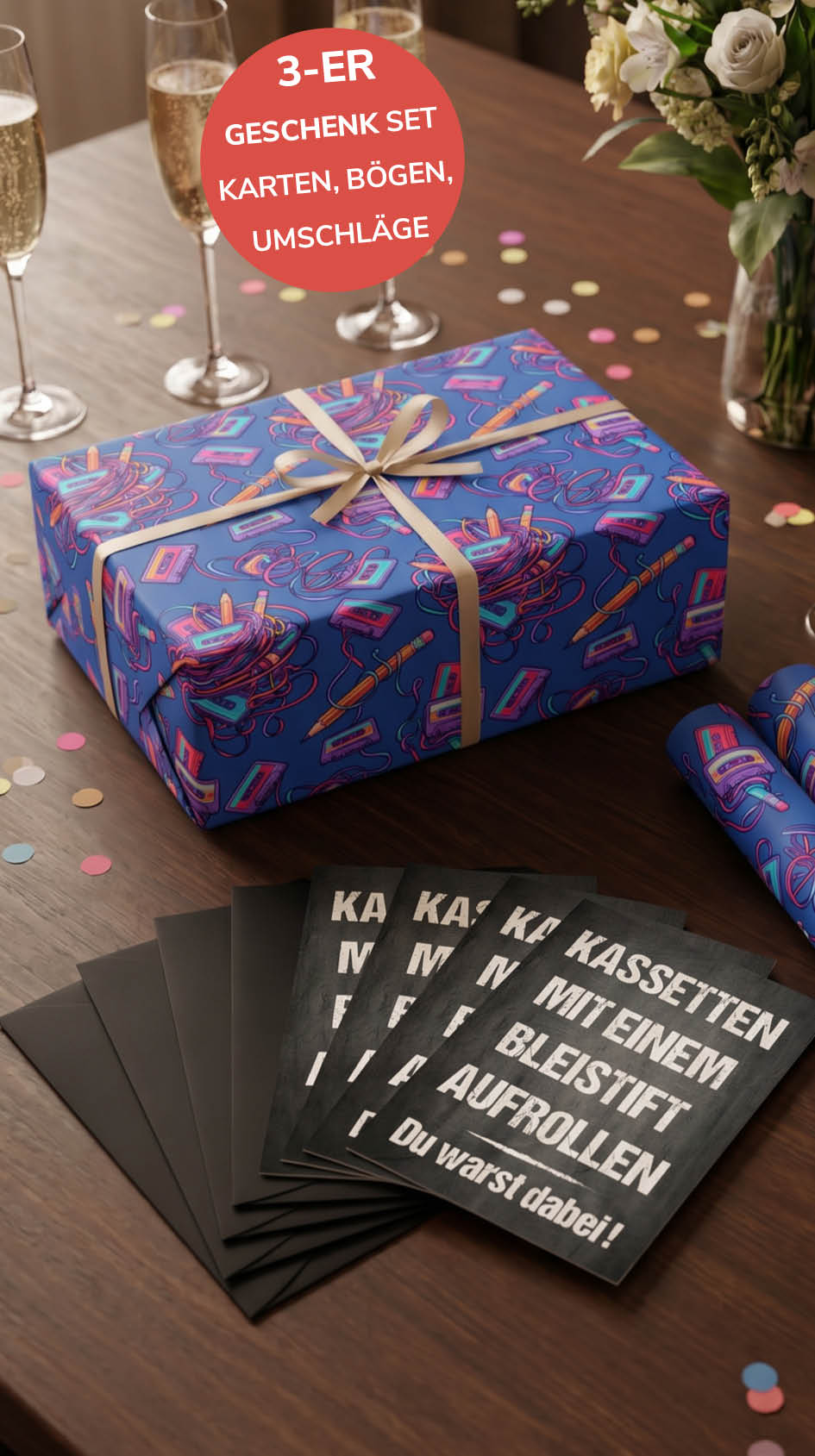 Retro Geschenkpapier 3er Set Kassette Mixtape, Geschenkverpackung DIN A2, Geburtstags-Karte inkl. Umschlägen